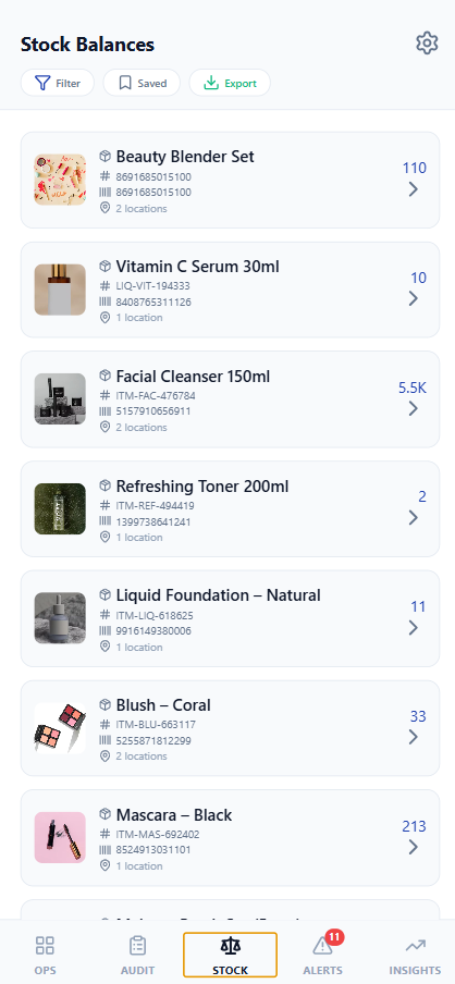 Stock balances in the Inveta mobile app